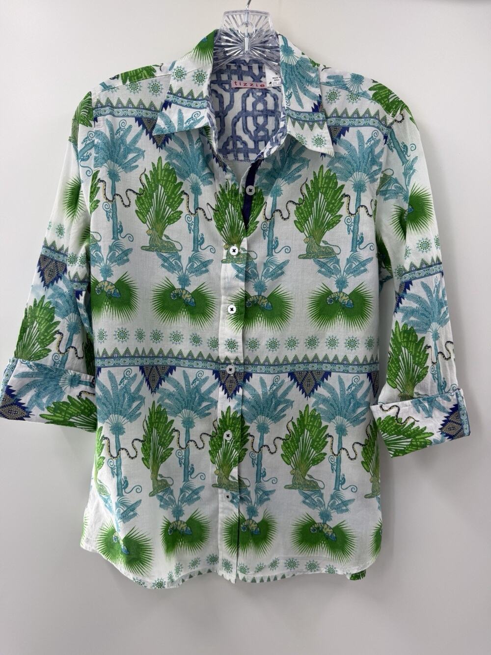 Tizzie Womenās 3/4 Sleeve Cotton Button Front Blouse āRomeā Palm Trees Small
